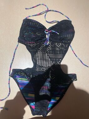 Black Crochet-Style Cutout One-Piece Swimsuit with Multicolor Trim